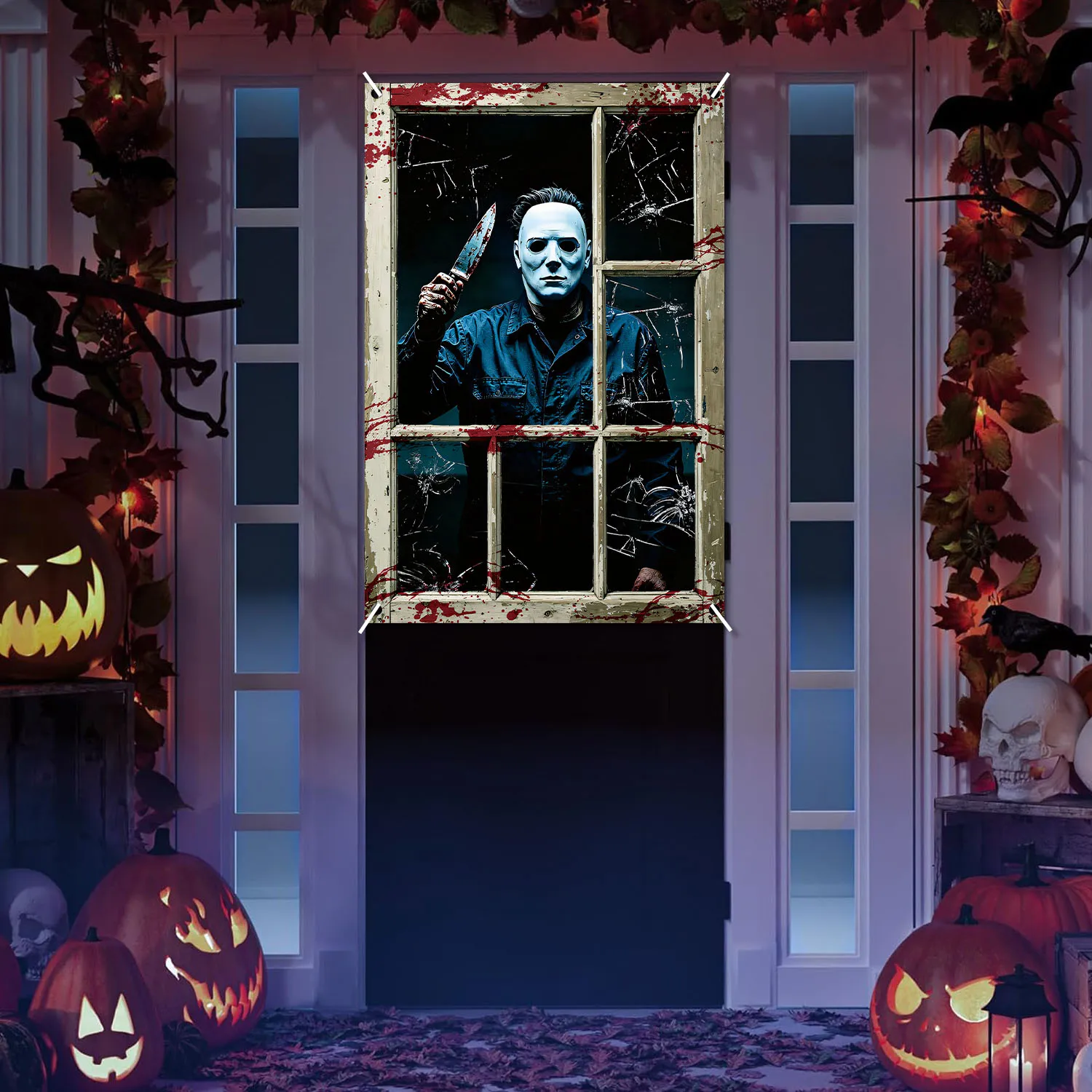 Vintage Halloween Horror Window Cover Silhouette Decoration Banners Blood Ghost Nun Devil Demon Scary Haunted House Window Poste – Detail 3