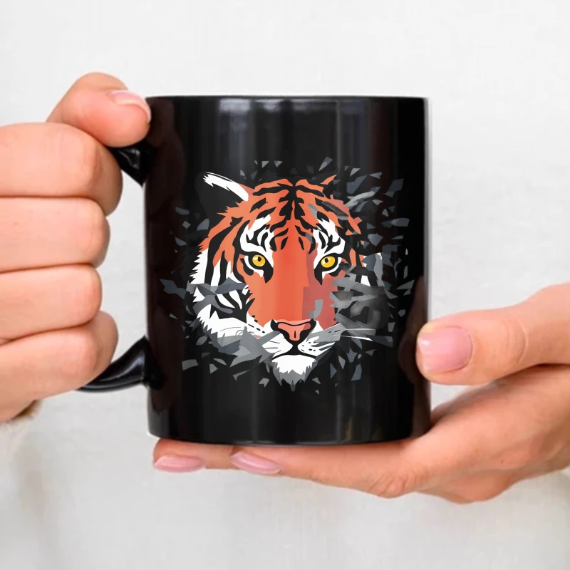 Black coffee mug with tiger face design for home office and as a gift