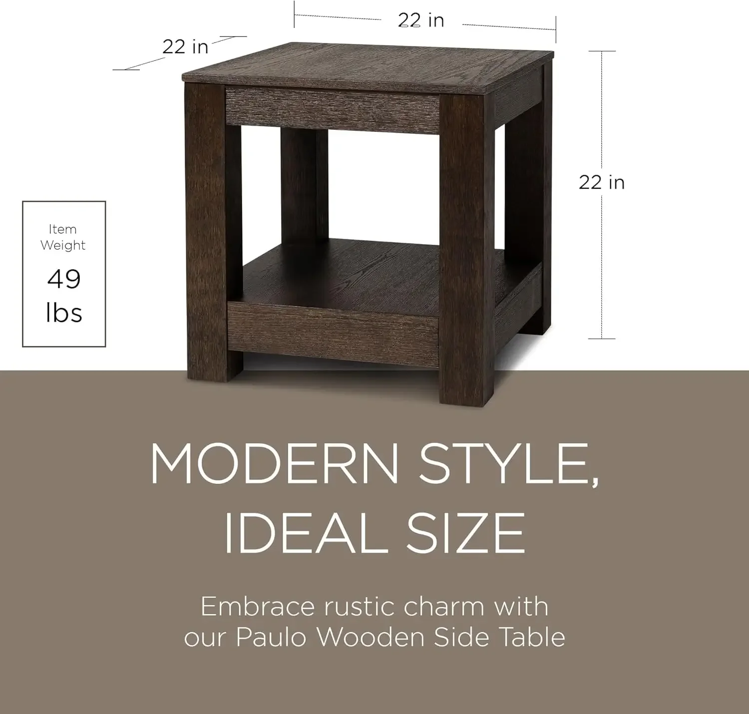 2 Tiered Tall Square Rustic Wooden Side Table with Shelf Storage for Living Room or Small Spaces in Weathered Finish, Set of 2