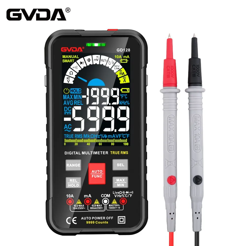 GVDA-Multimètre numérique intelligent à plage automatique, testeur de compteur, 9999 points, 1000V, 10A, Ohm Hz, puzzles itance, REL, True RMS, AC, DC, DMM, GD128, Nouveau