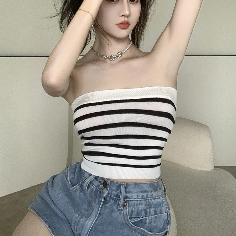 Summer Sexy Women Striped Tube Tops Slim Skinny Crop Top Striped Strapless Knitted Vest