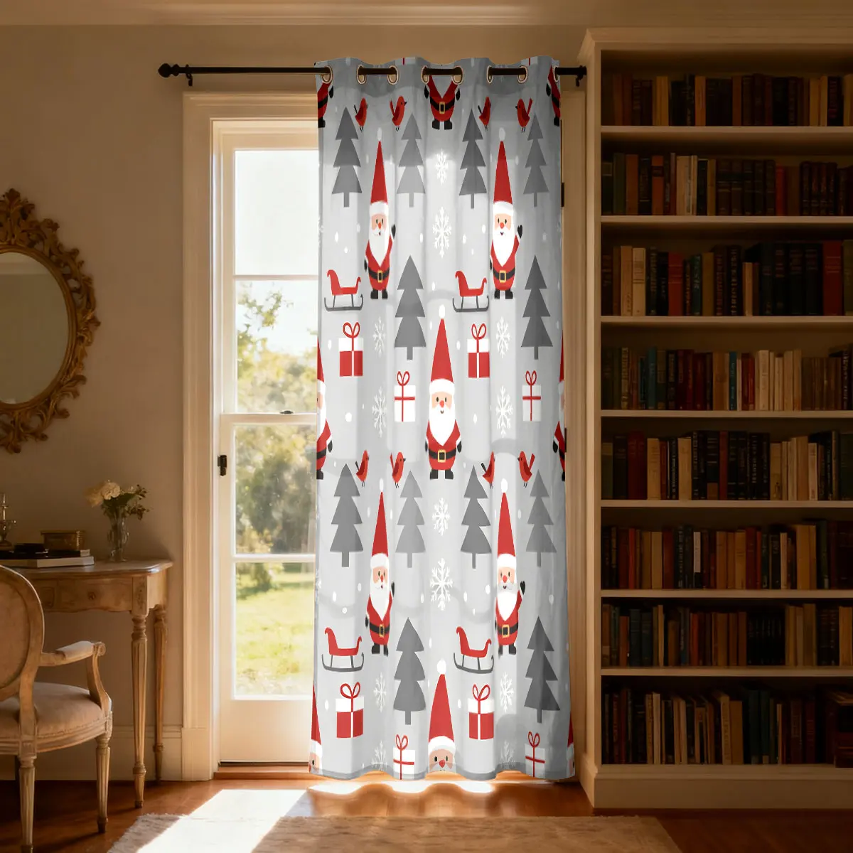 Christmas Santa Tree Snowflake Print Loop Curtain Light Blocking Privacy Curtain Perforated Hanging for Door Bedroom Bathroom