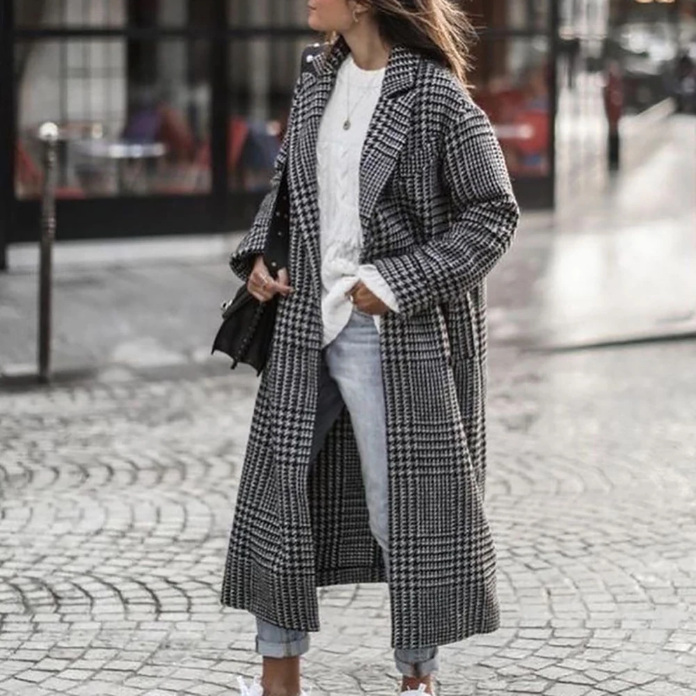 Vrouwen geruite strepen winter lange jas elegante imitatiewol veelkleurig warm houden revers lange mouw uitloper vrouwelijke maxi-jassen