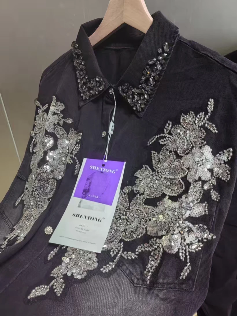 

2025 Fall Winter Trend Vintage Black Diamonds Denim Coat for Women's Loose Casual Black Outwear Jean Jacket Top Woman Clothes