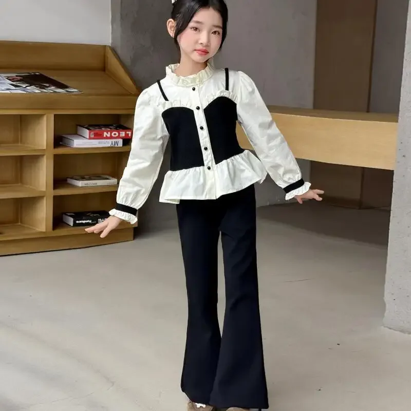 حار Kawaii فتاة بلوزات على الموضة فستان أطفال مع سروال داخلي طالب ربيع الخريف عادية الكرتون قميص جرس قيعان 2 قطعة مجموعة ملابس الأطفال