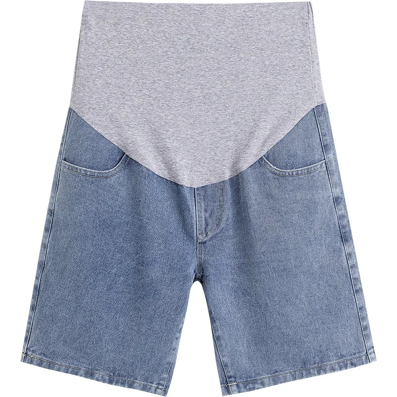 High Waist Maternity Denim Bermuda Shorts Elastic Belly Support Straight Leg Pregnancy Jean Shorts with Pockets