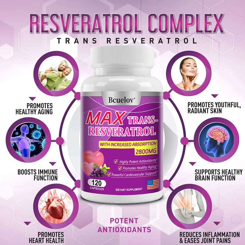 Natural Resveratrol Supplement - Powerful Antioxidant That Fights Cell Damage and Supports Heart, Cardiovascular and Skin Health