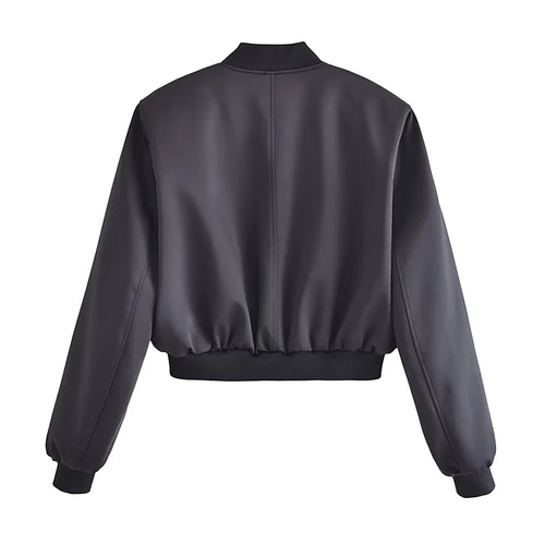 Imagen 2 del producto Abrigo con textura de satén de seda para mujer, Chaqueta corta con botones, prendas de vestir exteriores, ropa de calle para mujer, Tops negros