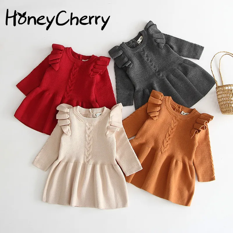 HoneyCherry Autumn Toddler Girl Knitted Dress Infant Warm Dress Knitted Sweater Kids Dresses For Girls