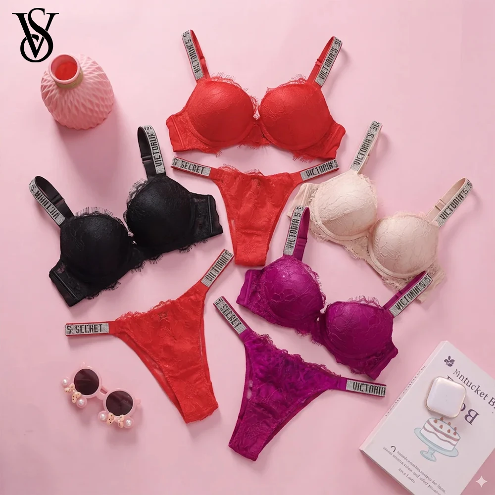 Victoria's Secret Sexy Lace Trim Pattern Breathable Gathered Padded New Soft Bra and Panty Set Classic Women's Lingerie Set