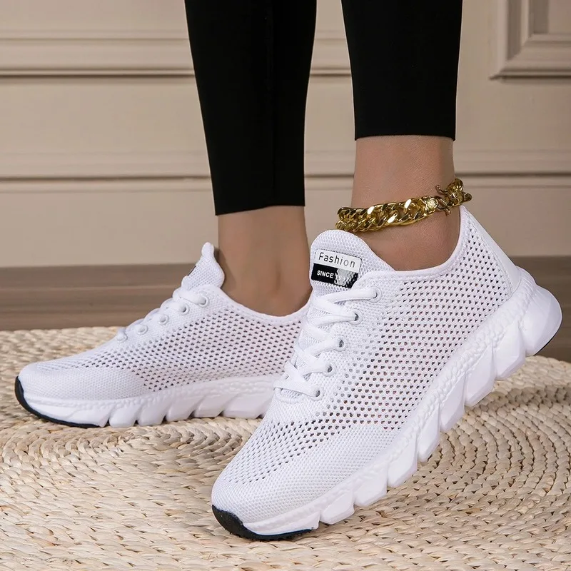 White mesh lace - up fashion sneakers