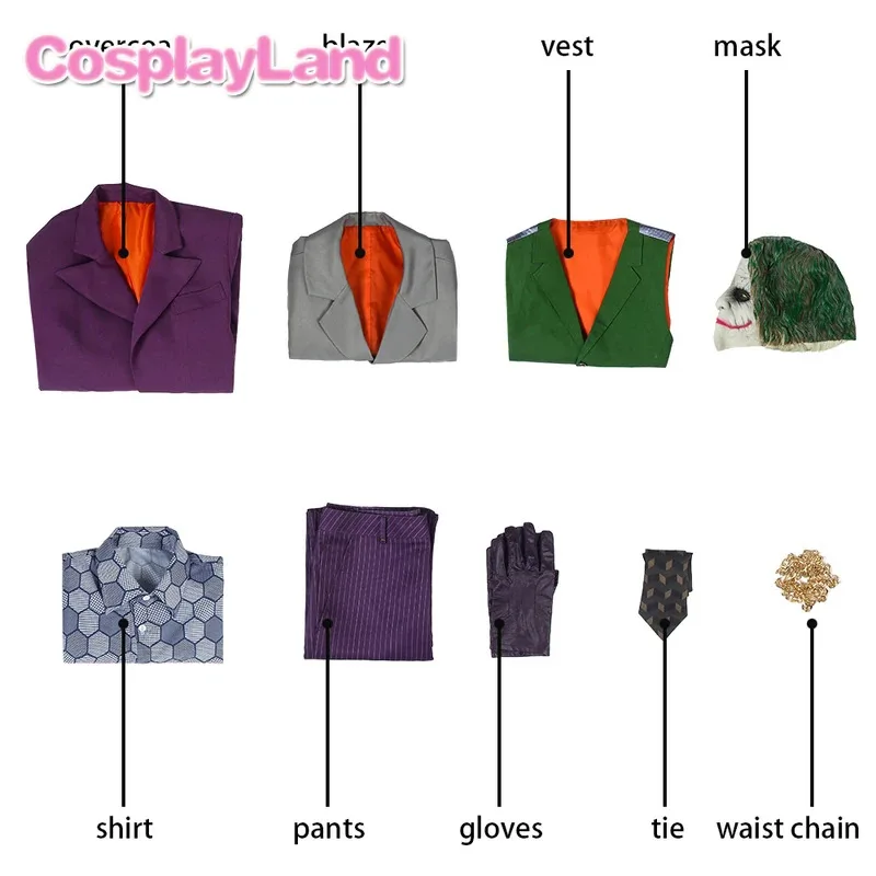 다크 나이트 조커 코스프레 의상 할로윈 성인 남성 의상 화려한 조커 의상 마스크 유머 슈트 코스프레 광대 코트