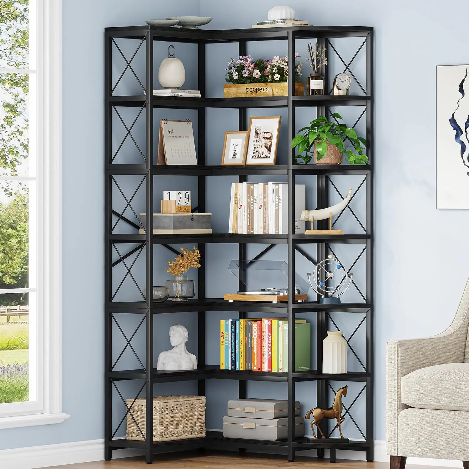 7-Tier Reversible L-Shaped Corner Bookshelf Storage Display Home Office 128cm, Customized