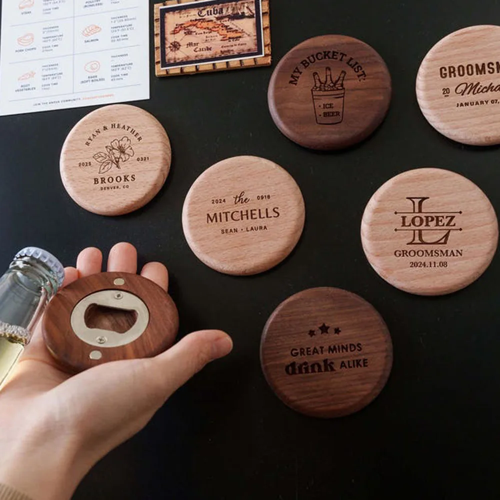 Personalised Logo Round Wooden Beer Bottle Opener with Magnetic Fridge Magnet, Wedding Gift