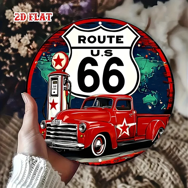 قطعة واحدة من لافتة الألومنيوم المستديرة للسيارة الكلاسيكية - لوحة فنية جدارية معدنية لشاحنة عتيقة، ديكور على طراز الطريق 66، موضوع محطة الوقود، مثالية للمنزل،