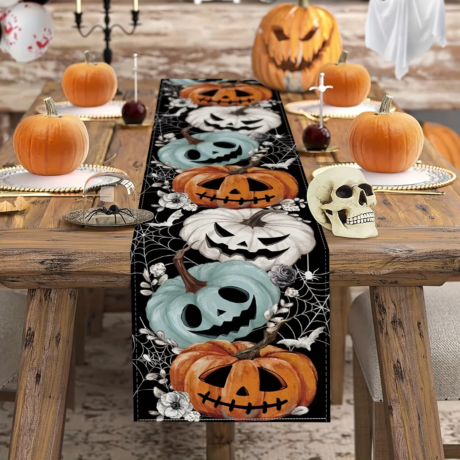 1 Halloween Themed Table Runner, Decorative Pumpkin Head, Spider Web, Bat, Suitable for Parties, Restaurants, B&Bs, Market Scenes.