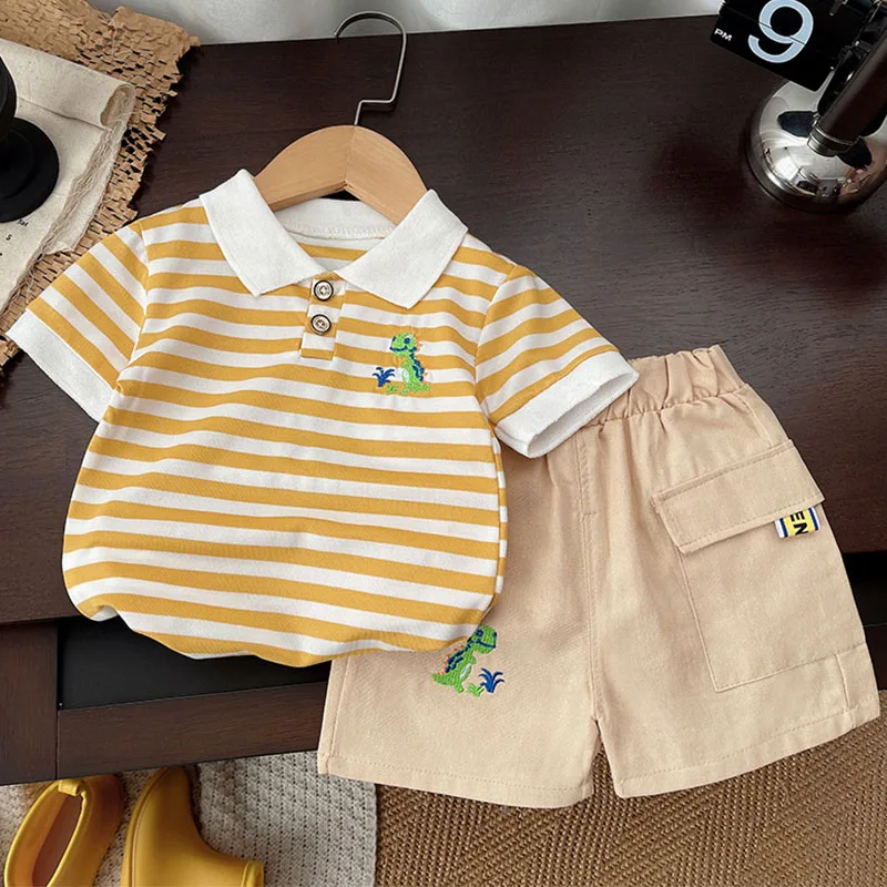 2Piece Sets Summer Baby Boy Clothes Korean Casual Cartoon Stripe Cotton Short Sleeve Tops+Shorts Toddler Boutique Clothing B008