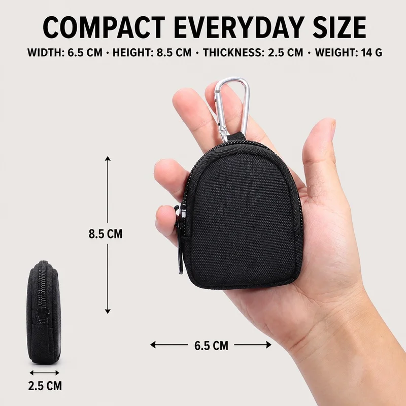 Mini Zipper Key Coin Pouch with Carabiner Clip Portable EDC Wallet for Keys Coins Cards Earbuds Outdoor Daily Carry