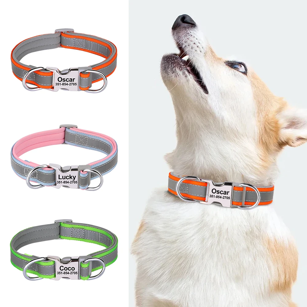 Personalized Dog Collar Reflective Dogs Safety Collars Free Engraved ID Tag Pitbull Pug Collars Adjustable For Small Large Dogs