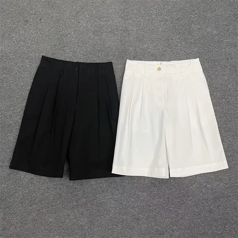 

2024 Summer New Casual pleated straight leg cotton five quarter pants for women