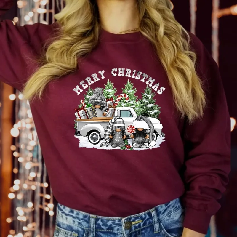 Vrolijk kerstfeest op vrachtwagen Vakantiepullover Kerstsweatshirt Hoodie Ronde hals Top met lange mouwen Casual zachte comfortabele thermische hoodie