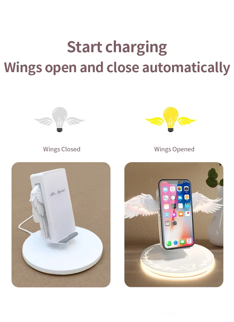 Angel Wings Qi Telefoon Snel Opladen 10W Draadloze Oplader Creatieve Beweegbare Vleugelvorm Met Ademhalingslicht En Muziekfunctie Cadeau