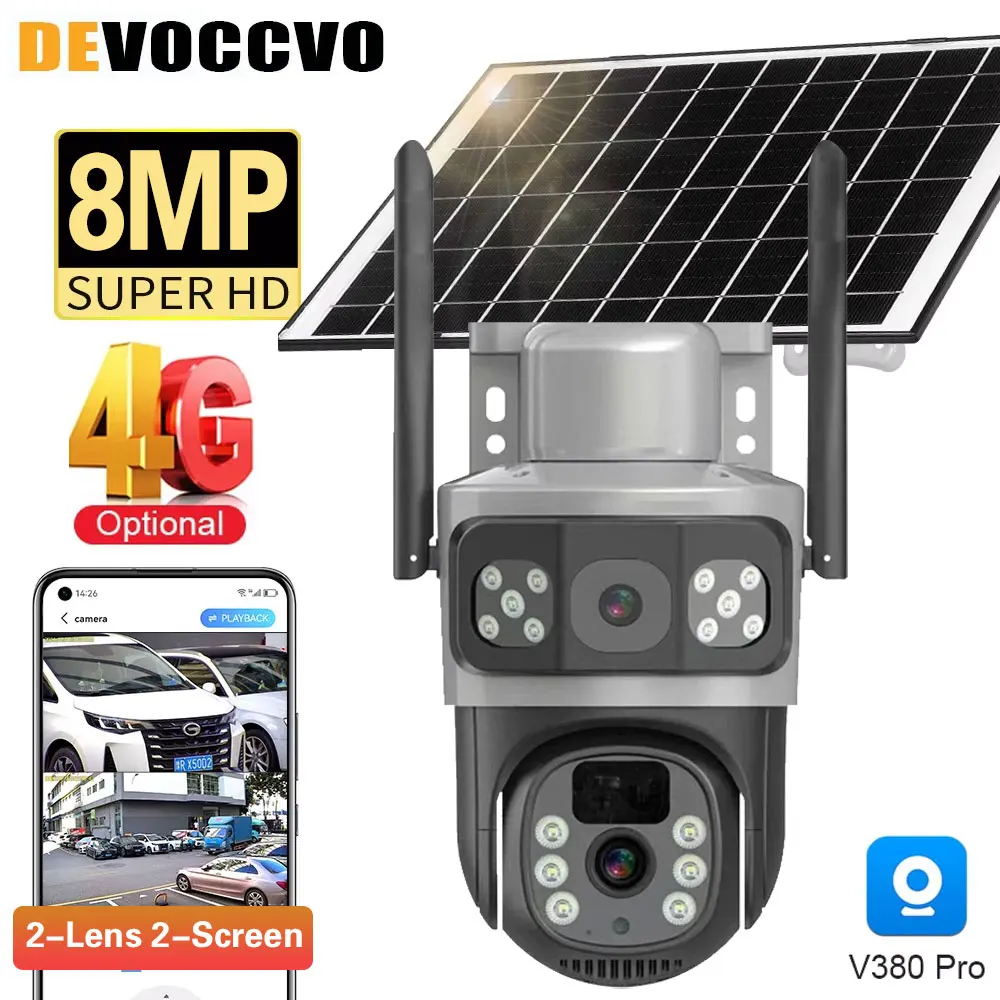 

8MP 4K Wireless Solar Camera 4G Sim Outdoor Dual Lens Wifi IP Camera PIR Night Vision V380 Pro CCTV Security Protection Monitor