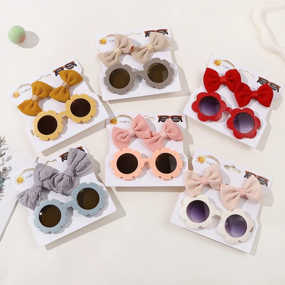 3Pcs/set Fabric for Hairpins Flower Sunglasses Set 2pcs 8.5cm Baby Hair Clips Bullet Princess Girl Hair Bow Kids Sun Glasses