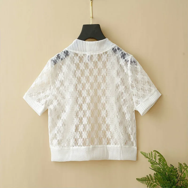 Lace Coat Shawl Women Summer Crop Tops White Cardigan Short Sleeved Sunscreen Clothing Air-conditioned Short Hollowing Out Solid