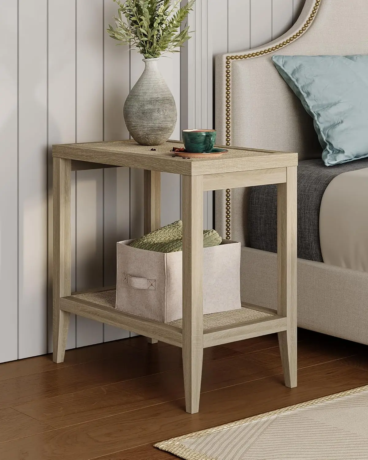 

Boho Rattan Nightstand Bedside Table - Farmhouse Narrow Accent End Table with 2 Open Rattan Shelves for Bedroom, Living Room