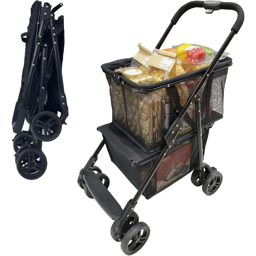 

Newly Upgraded Portable Shopping Cart,80 lbs Stroller Foldable Personal Shopping Cart with Wheels, with One-Step Parking Brake