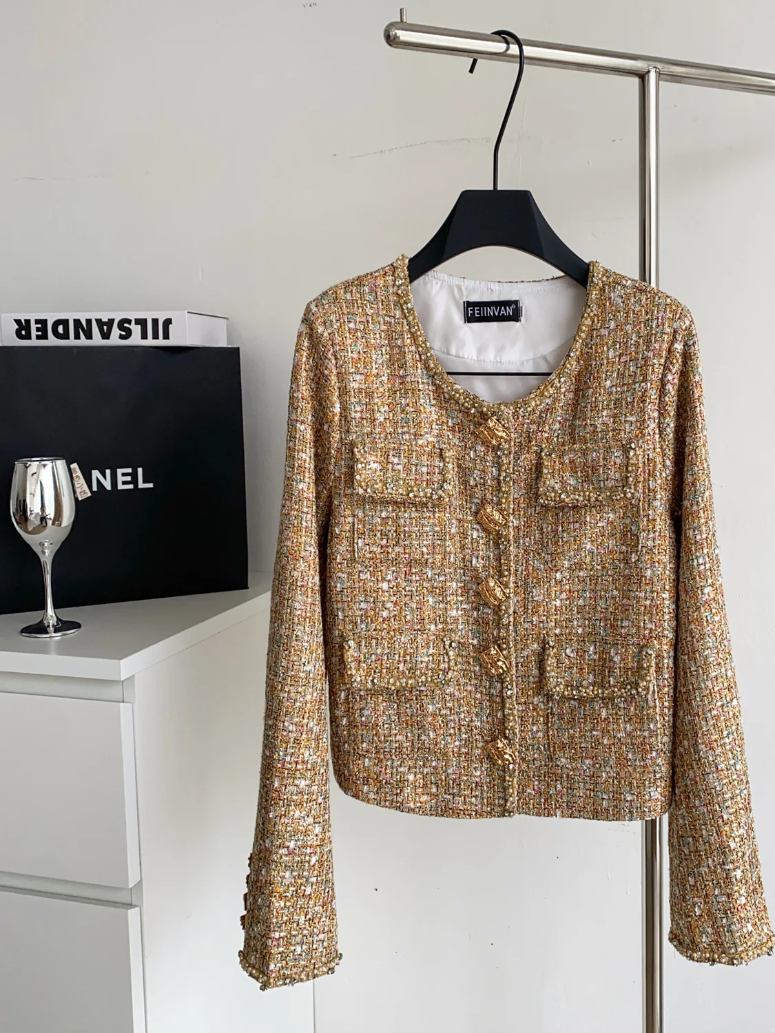 

Faionable Heavy Embellied Tweed Jaet Женская осенняя универсальная утягивающая верхняя одежда French Sle Loose Fit Long Sve