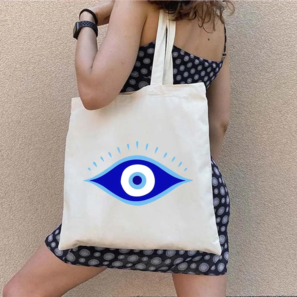 Psychedelic Evil Eye Blue Greek Rainbow Mandala Shopper Canvas Tote Bag Turkish Mashallah Shopping Bags Women Girl Hamsa Handbag