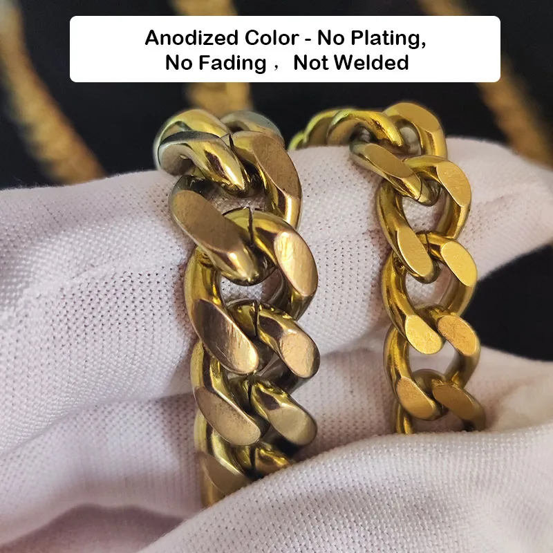 Pure Titanium Anodized Gold Cuban Link Chain Necklace Matte Brushed Finish Chunky Oversized Lightweight Non-Tarnish