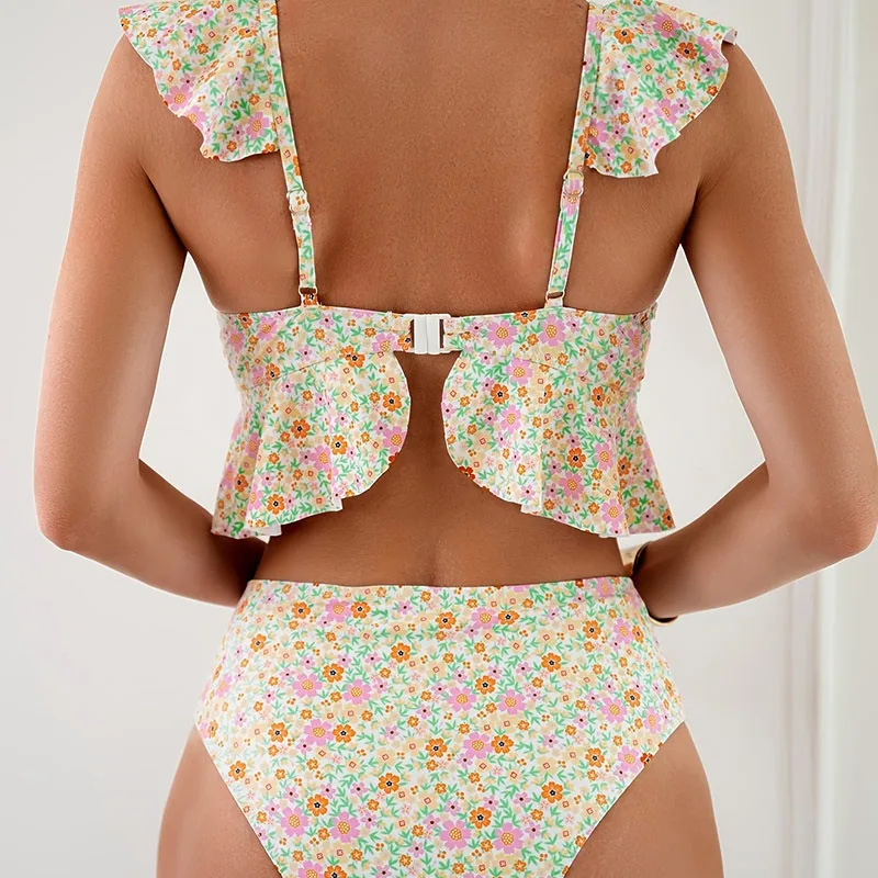 2024 Ruffle Floral Print Bikinis Women's Push Up Two-Piece Swimsuit Fashion Spilt Swimwear Summer Holiday Bathing Suit Beachwear