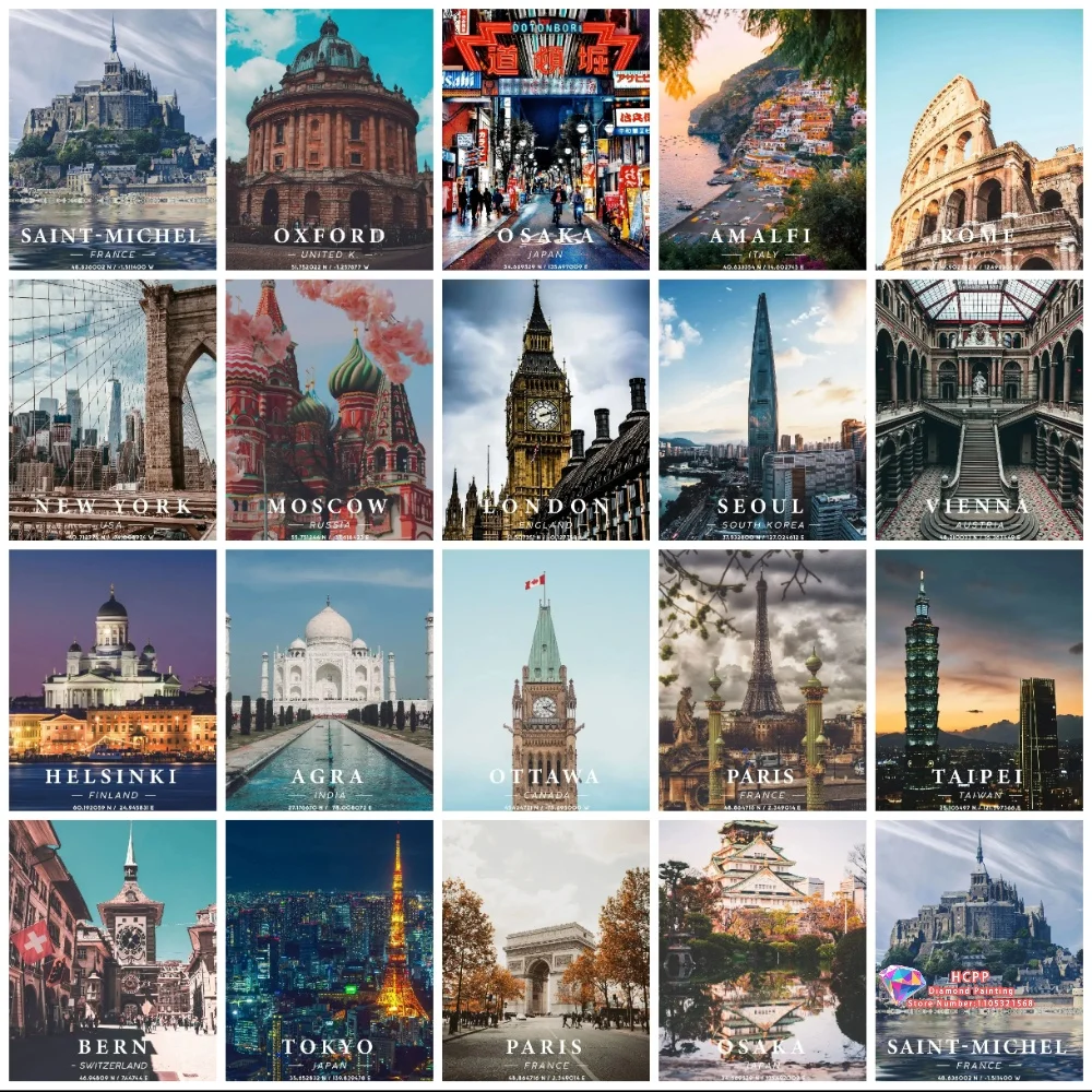 Kits de Pintura de Diamantes, Arte de París, Nueva York, Habana, Dubái, Amalfi, Seúl, Barcelona, Berna, Mosaico de Bordado con Coordenadas de Ciudades, 5D DIY