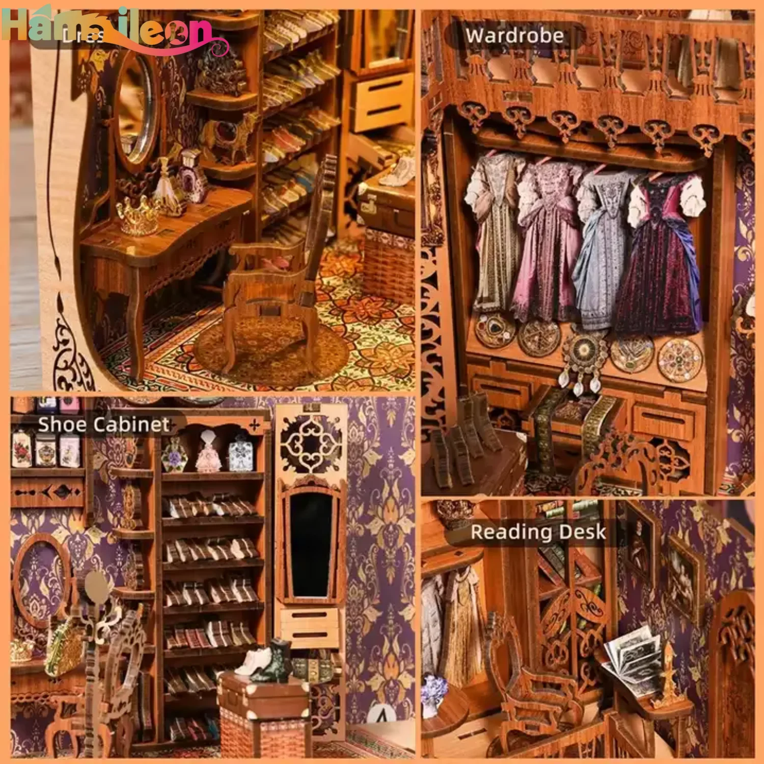 Hamaileon livre coin Kit maison de poupée Booknook 3D Puzzle en bois bricolage coin livre étagère insérer avec lumière (l'armoire du duchesse