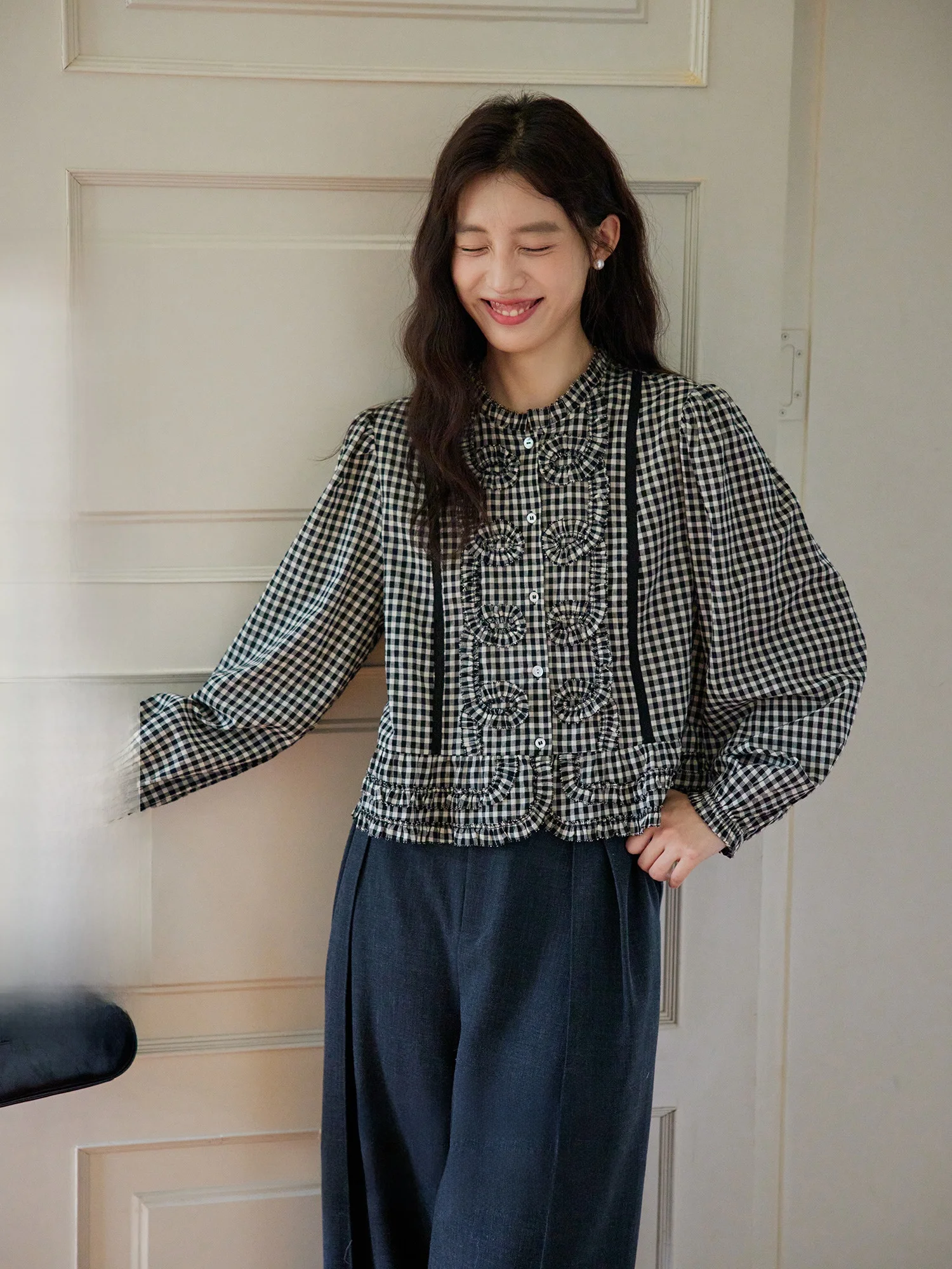 

ORWhite винтажный клетчатый длинный све женский irt деревянный дизайн осень-зима прямого кроя хлопковый топ с принтом в мелкую клетку