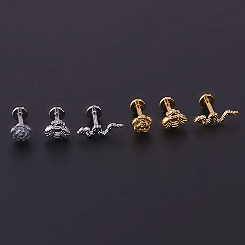 16Gx6mm Stainless Steel Flower Snake Stud Earrings Internal Thread Labret Lip Stud Flat Back Cartilage Earrings Piercing Jewelry