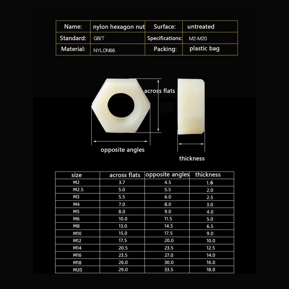 5-150pcs M2 M2.5 M3 M4 M5 M6 M8 M10 M12 M14 M16 M18 M20 White and Black Plastic Nylon Hex Hexagon Nut Insulation Hexagon Locknut