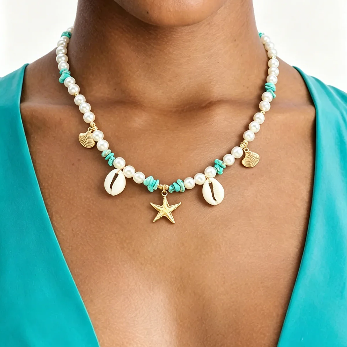N13549 Bohemian beach holiday wind jewelry imitation pearl beaded starfish shell pendant necklace foreign trade women