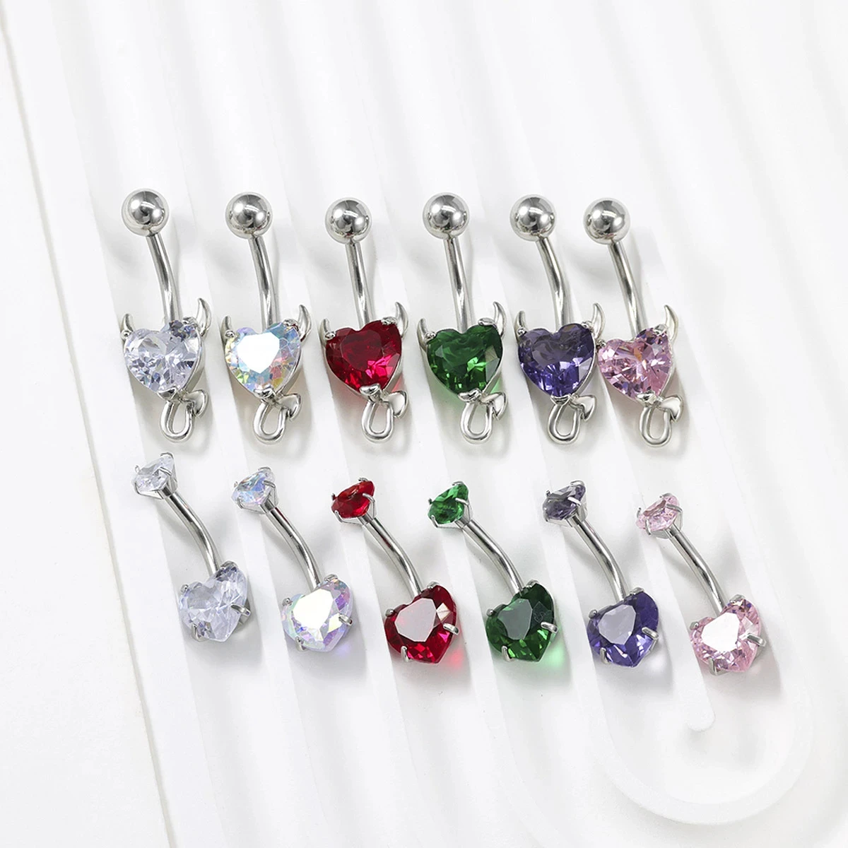 2pcs Devil Shape Zircon Heart Belly Button Rings for Women Navel Ring Surgical Steel Barbell Crystal Round Body Piercing Jewelry