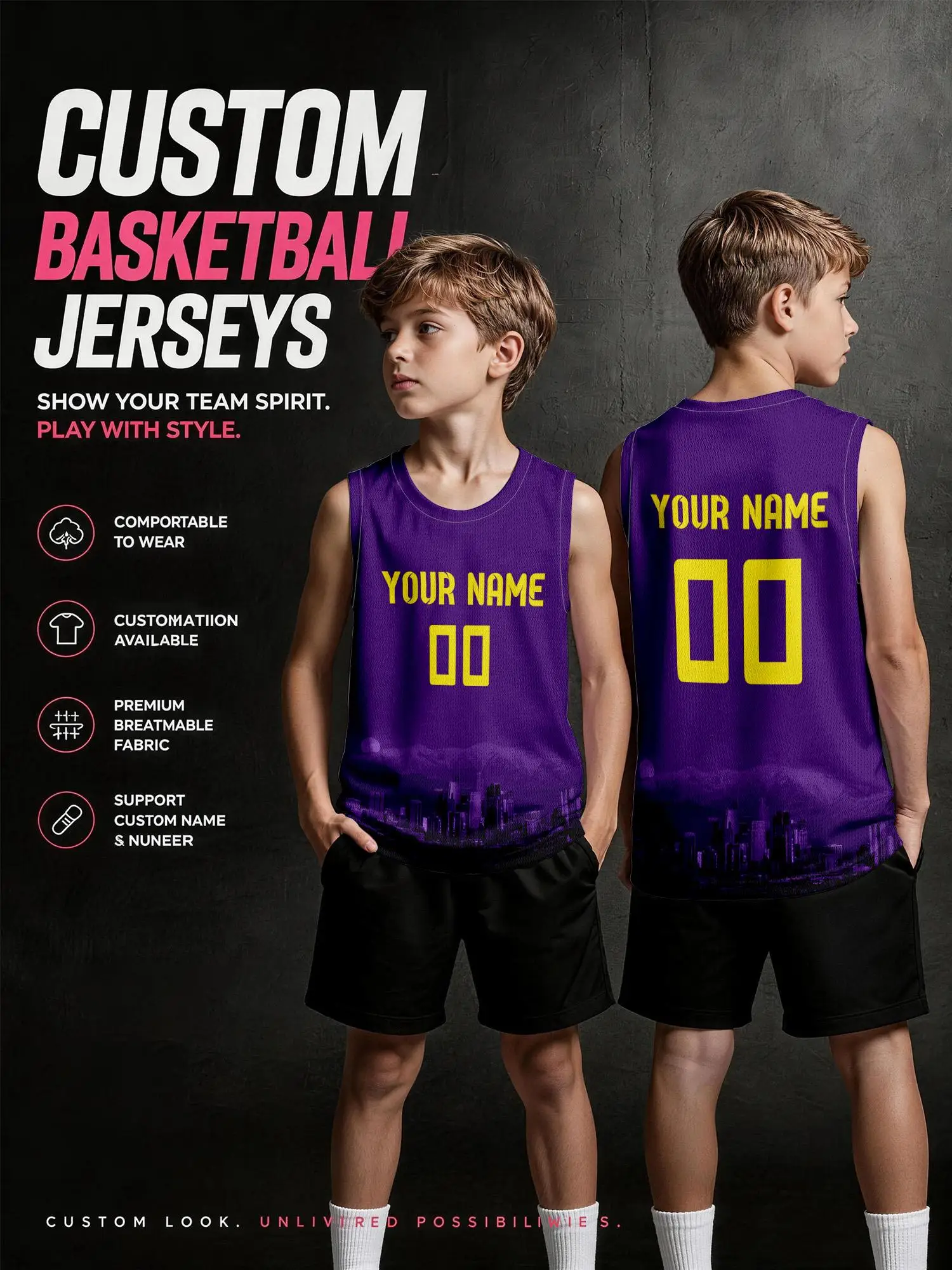 Purple background city print children's adult customized basketball suit breathable mesh can print name and number