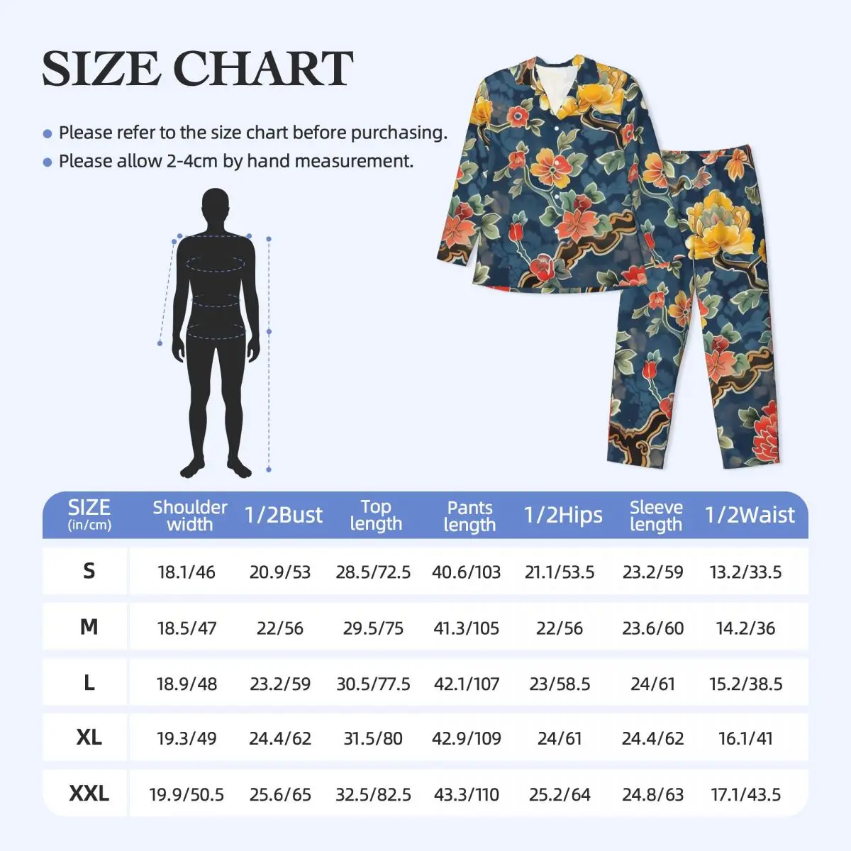 Retro japonês arte pijamas conjunto flores impressão bonito pijamas homem manga longa solto quarto 2 peças pijamas tamanho grande 2xl