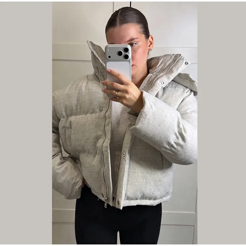 Winter Women's Cropped Padded Coats Hooded Stand Zip-up Full Sleeve Short Puffy Cotton Jacket 2026 Warm Casual Solid Outwear