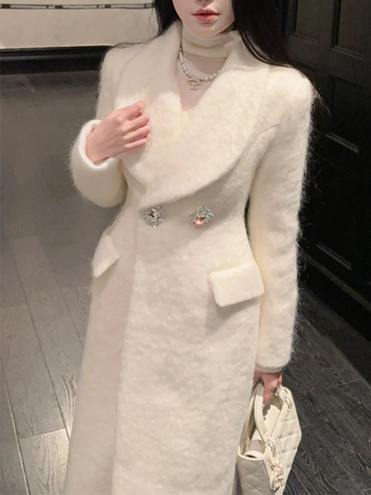 DEAT 2024 Winter New Fashion Women's Thick Woolen Coat Elegant Two Buttons Design Solid Color Long Jacket Female Trendy 15C593