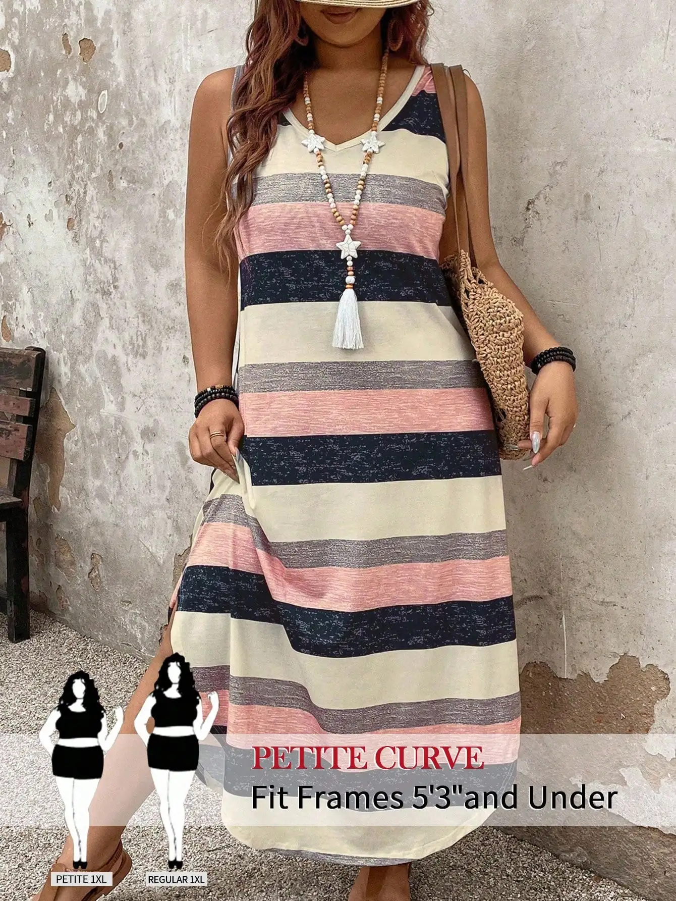 

Petite Curve-Friendly Striped V-Neck Sleeveless Midi Dress