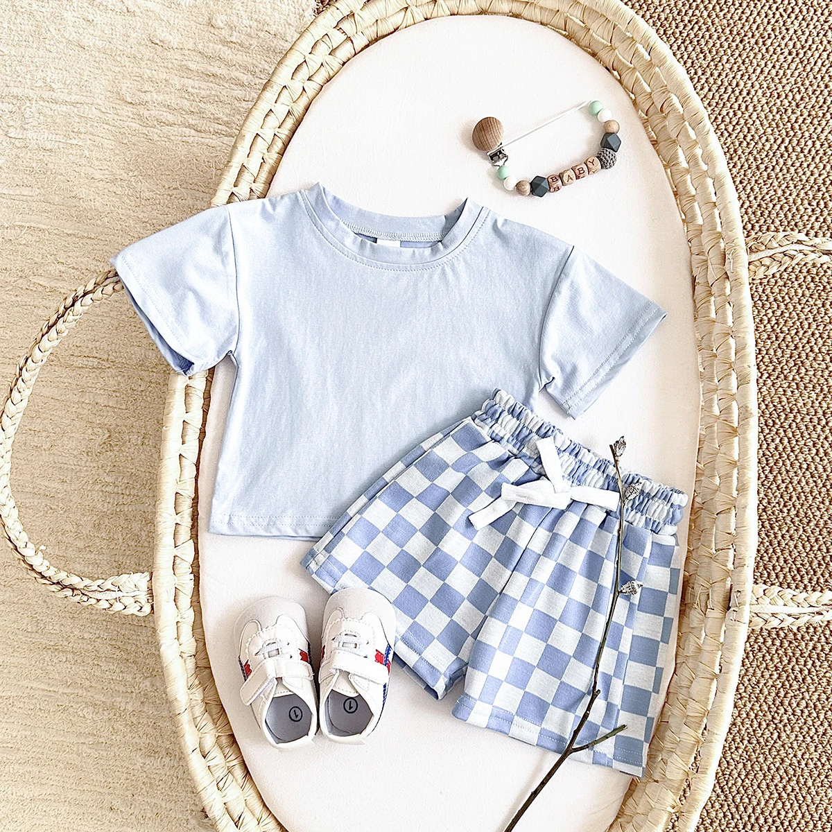 Ins Summer Newborn Boys Girls Clothing Baby Set Solid Short Sleeved T-shirt+Checkerboard Shorts Cotton Casual 2PCS 0-3Y