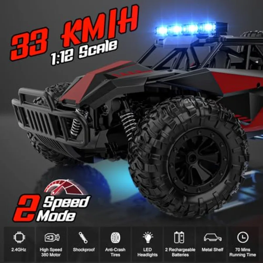 Remote Control Car for off-road use, ABS plastic body, red, 2.4GHz high-speed 33KM/H with LED headlights and rechargeable batte