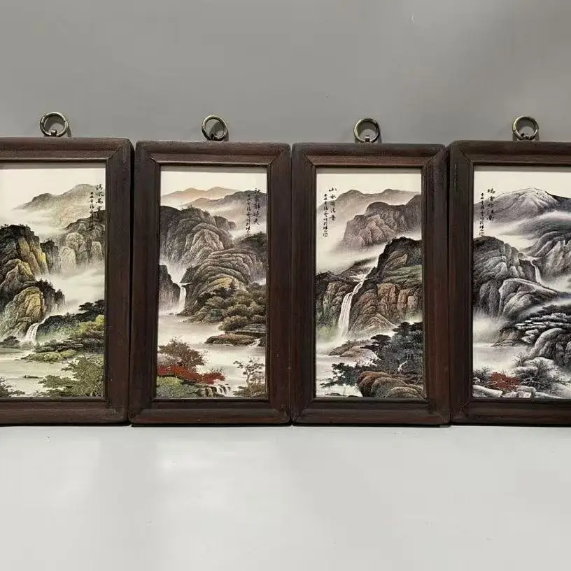 Antique porcelain brand painting, Chinese landscape and rural scenery, 4 pieces/pack, Hand-painted crafts, #02